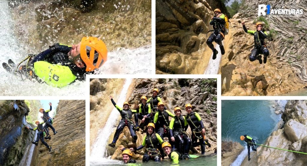Varías imágenes del Barranco de Os Lucas donde poder combinar saltos, rápeles y toboganes. Uno de los mejores barrancos para realizar barranquismo en el Valle de Tena