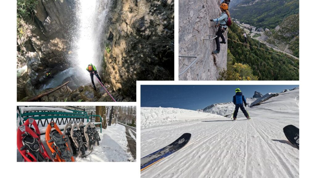 En la imagen se pueden ver muchos de los deportes que se pueden practicar en los alrededores de Villanúa: barranquismo, Vías Ferratas, Clases de Esquí en Astún y Candanchú o Raquetas de Nieve
