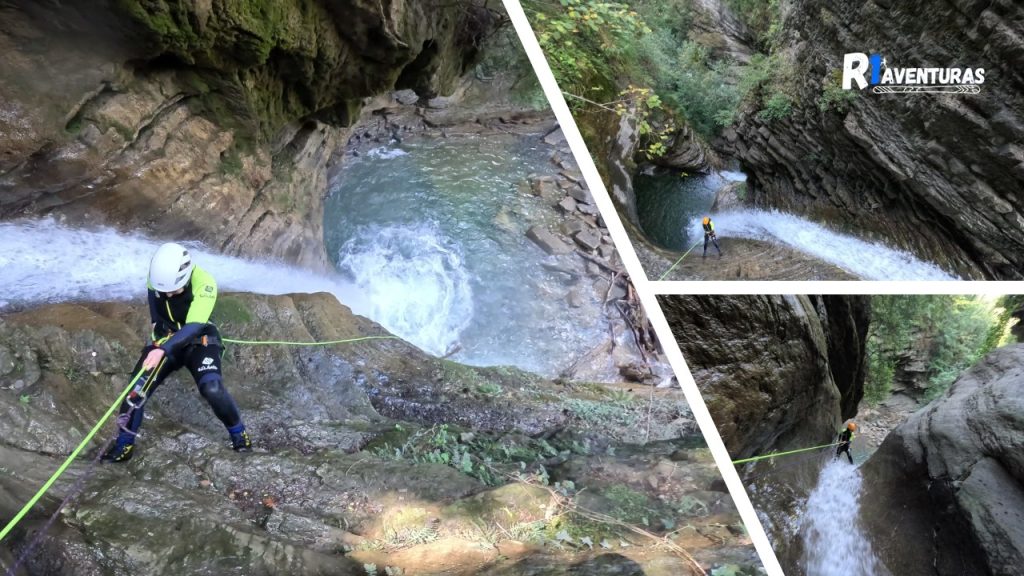 Barranquista realizando distintos rápeles en el barranco del Furco en Broto