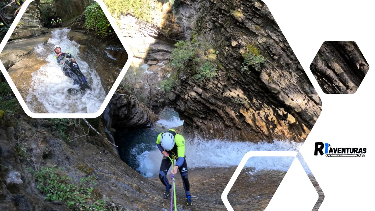 El Barranco Furco en Broto es uno de los más espectaculares de Huesca. En la imagen se aprecia a varios barranquistas en los puntos más interesantes del barranco.