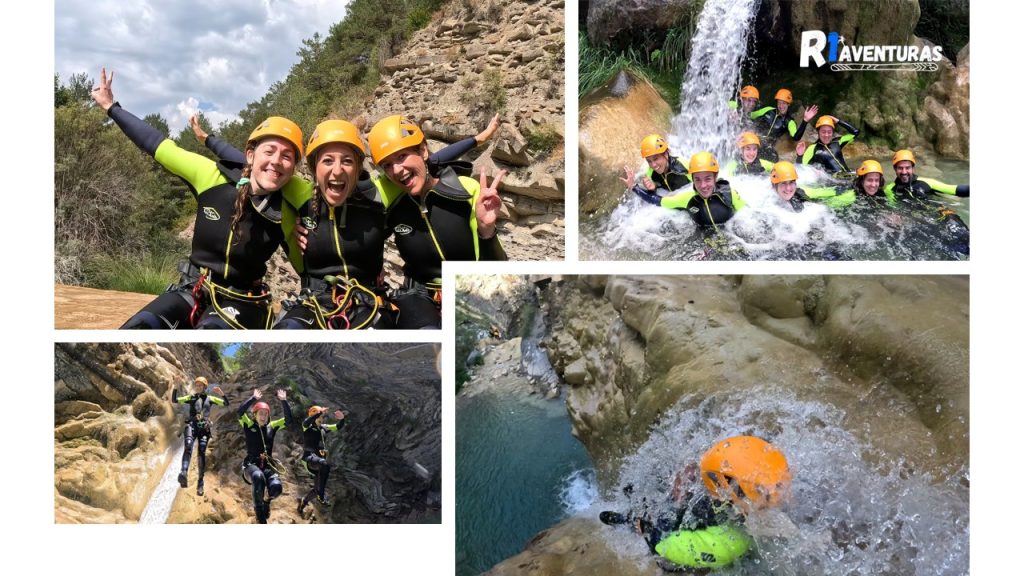 Grupo de personas disfrutando del mejor barranquismo en Jaca en 2025, descendiendo con cuerdas, saltando a pozas y deslizándose por toboganes naturales en un entorno espectacular del Pirineo aragonés.